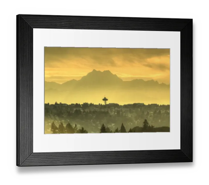 Framed Print : Seattle Space Needle and Olympic Mountains beyond, seen from downtown Bellevue, Washington State
