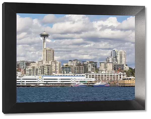 USA, Washington State. Bright day Seattle waterfront. Victoria Clipper ferry terminal