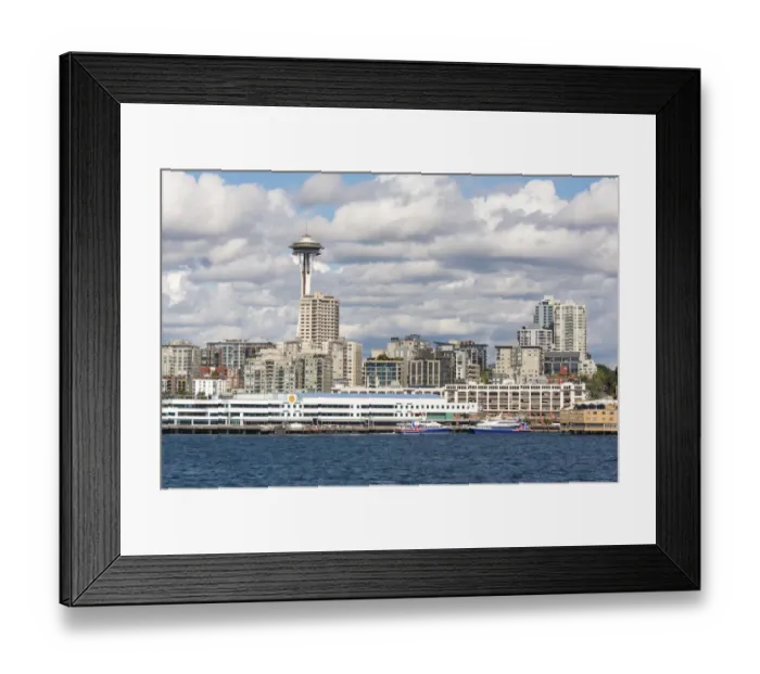 Framed Print : USA, Washington State. Bright day Seattle waterfront. Victoria Clipper ferry terminal