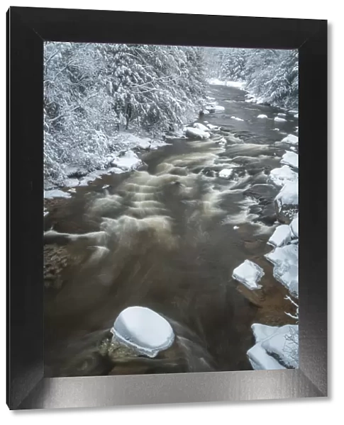 USA, West Virginia, Blackwater Falls State Park. Forest and stream in winter. Credit as