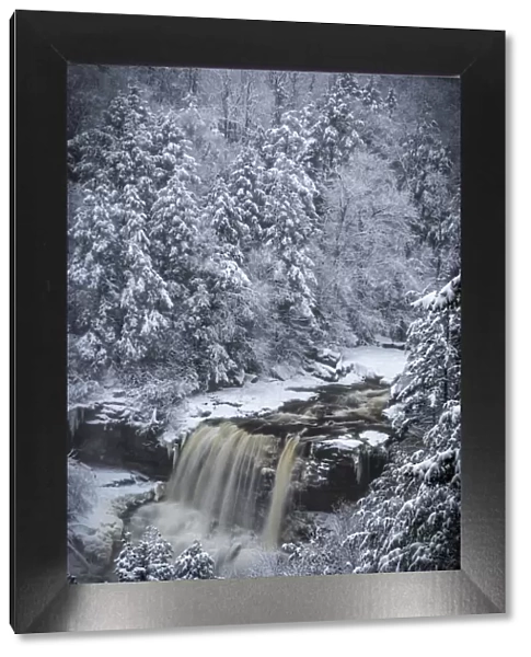 USA, West Virginia, Blackwater Falls State Park. Forest and waterfall in winter. Credit as