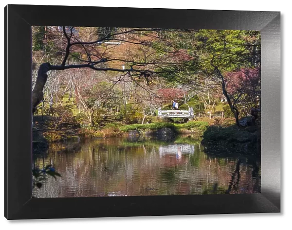 Couple walking across a bridge over a pond in the Narita Temple Garden