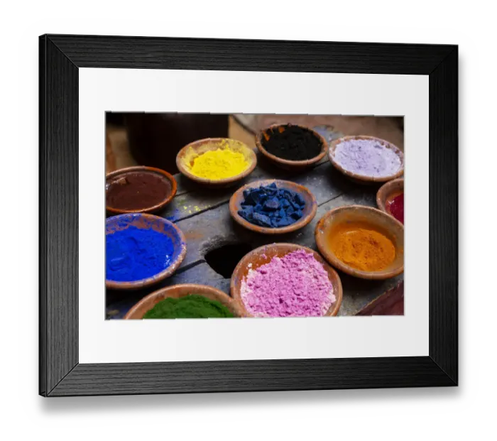 Framed Print : Marrakech, Morocco. Terra cotta bowls of colored pigment Framed Print : Marrakech, Morocco. Terra cotta bowls of colored pigment