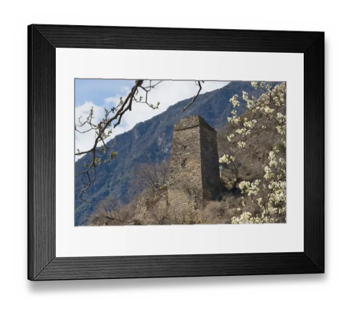 Framed Print : Old Tibetan castle on mountain slope with pear flowers, Jinchuan, Sichuan Province, China Framed Print : Old Tibetan castle on mountain slope with pear flowers, Jinchuan, Sichuan Province, China
