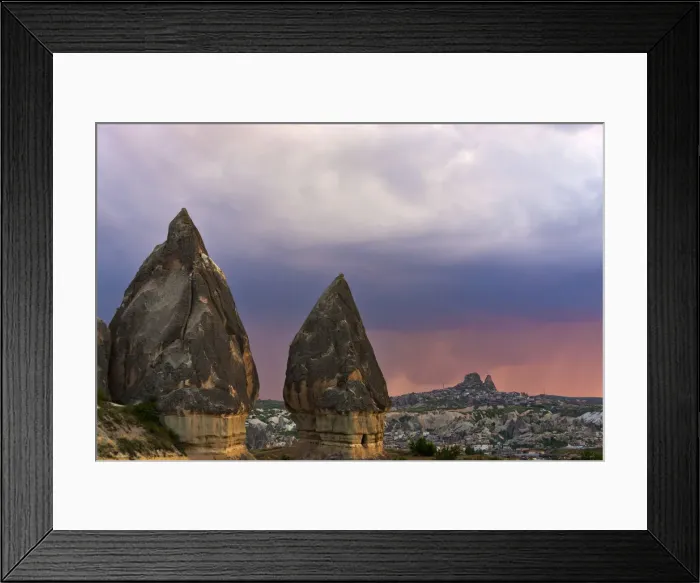 Framed Print : Rock formation and village in Goreme at sunset, Cappadocia (UNESCO World Heritage Site)