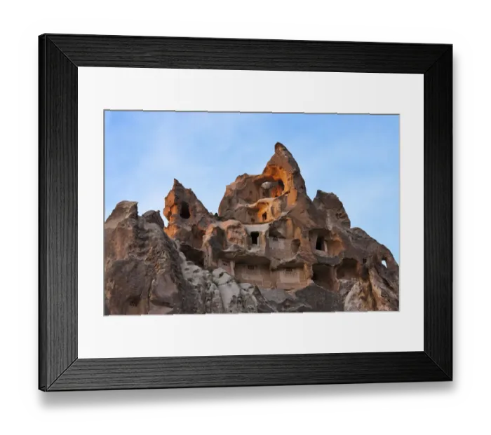 Framed Print : Houses carved into rock formation in Goreme at sunset, Cappadocia, Turkey Framed Print : Houses carved into rock formation in Goreme at sunset, Cappadocia, Turkey