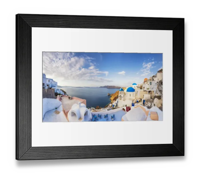 Framed Print : Europe, Greece, Oia. Panorama of coastal town