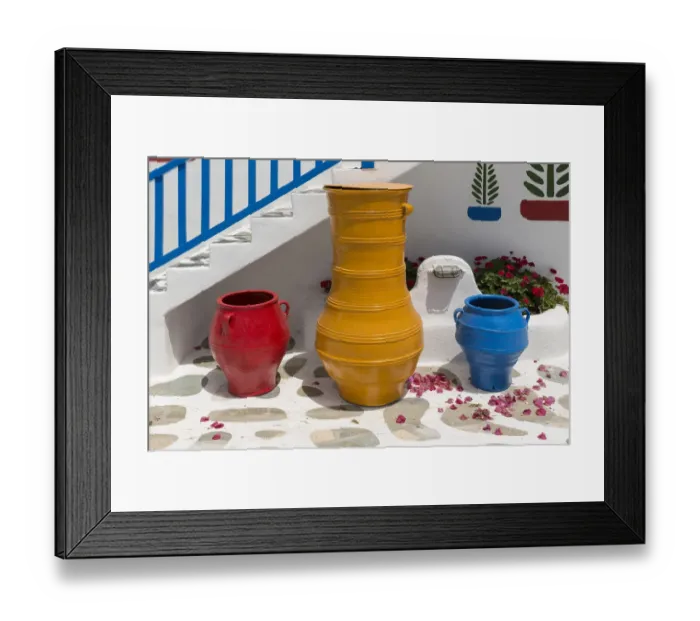 Framed Print : Europe, Greece, Mykonos. Hotel exterior stairway and pots Framed Print : Europe, Greece, Mykonos. Hotel exterior stairway and pots