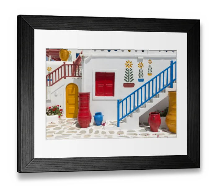 Framed Print : Europe, Greece, Mykonos. Hotel exterior stairway and pots Framed Print : Europe, Greece, Mykonos. Hotel exterior stairway and pots