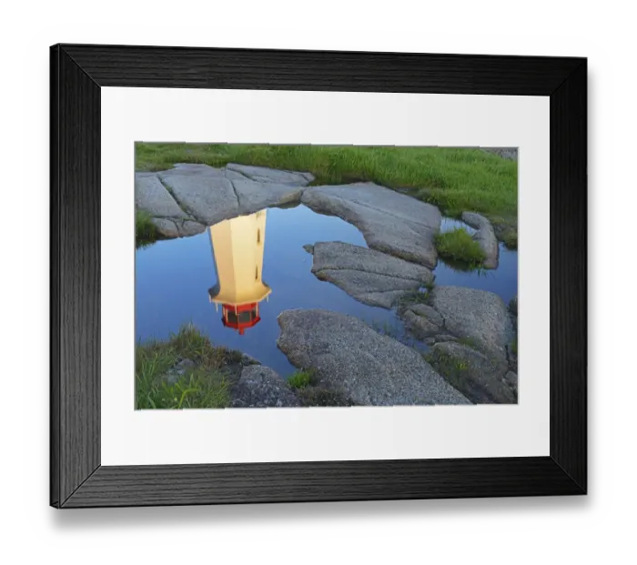 Framed Print : Canada, Nova Scotia. Peggys Cove Lighthouse reflection in water Framed Print : Canada, Nova Scotia. Peggys Cove Lighthouse reflection in water