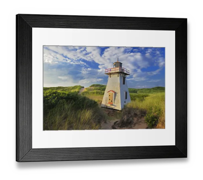 Framed Print : Canada, Prince Edward Island, St. Peters Harbour. Lighthouse in sand dunes. Credit as Framed Print : Canada, Prince Edward Island, St. Peters Harbour. Lighthouse in sand dunes. Credit as