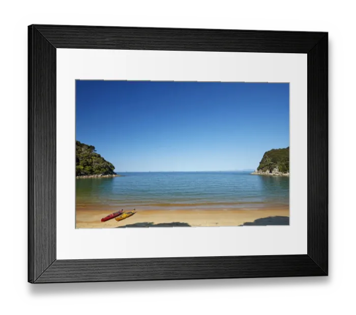 Framed Print : Kayaks, Te Pukatea Bay, Abel Tasman National Park, Nelson Region, South Island, New