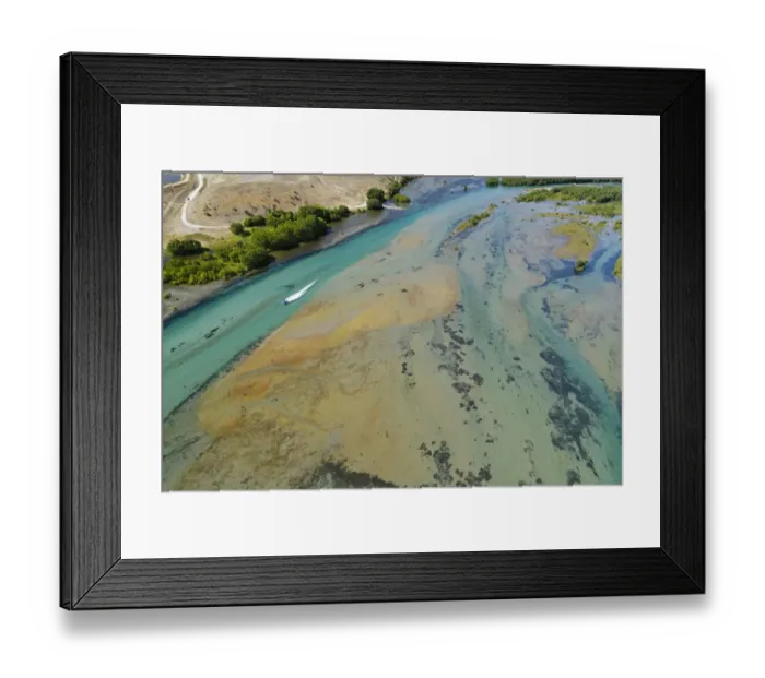 Framed Print : Jet boat and Clutha River entering Lake Dunstan, Central Otago, South Island, New Zealand