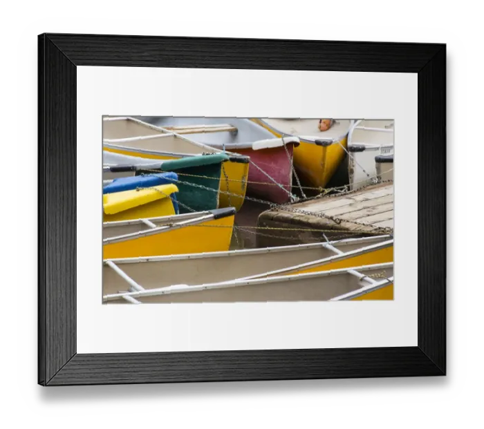 Framed Print : Lake Moraine and docked canoes, Banff National Park, Alberta, Canada Framed Print : Lake Moraine and docked canoes, Banff National Park, Alberta, Canada