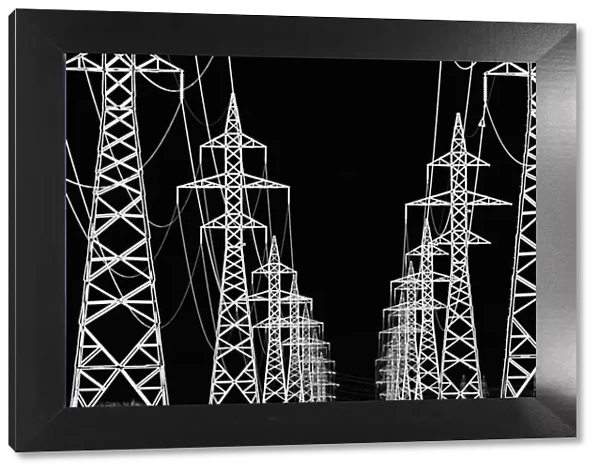Canada, Manitoba, Winnipeg. Hydro-electric towers in black and white