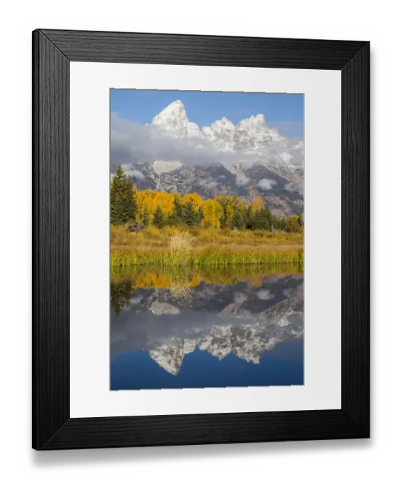 Framed Print : USA, Wyoming, Grand Teton National Park. Grand Teton with fresh snow is reflected Framed Print : USA, Wyoming, Grand Teton National Park. Grand Teton with fresh snow is reflected