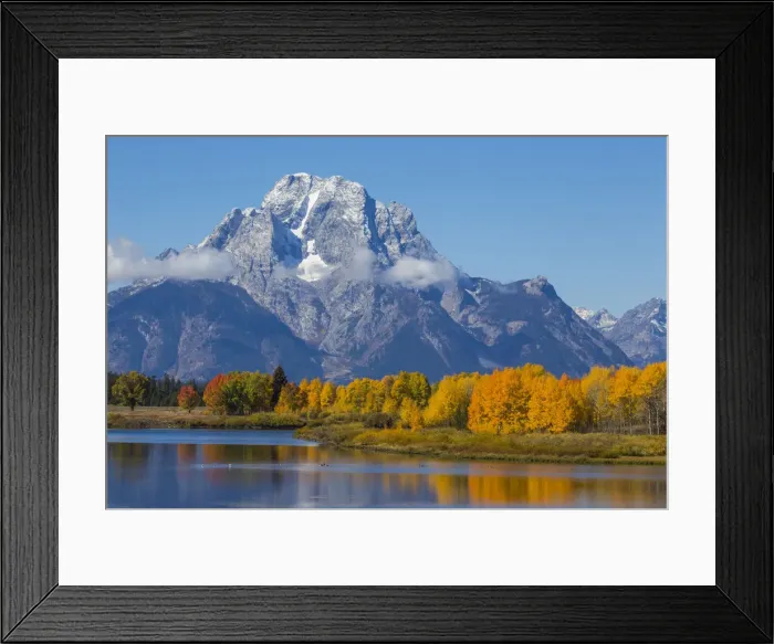 Framed Print : USA, Wyoming. Grand Teton National Park, fresh snowfall covers Mt. Moran on an autumn morning