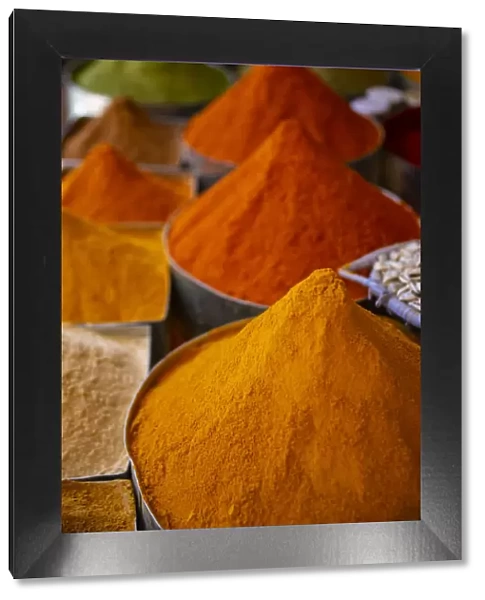 Fez, Morocco. Colorful ground spices tower shaped, farmers market
