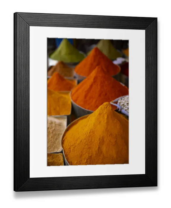 Framed Print : Fez, Morocco. Colorful ground spices tower shaped, farmers market
