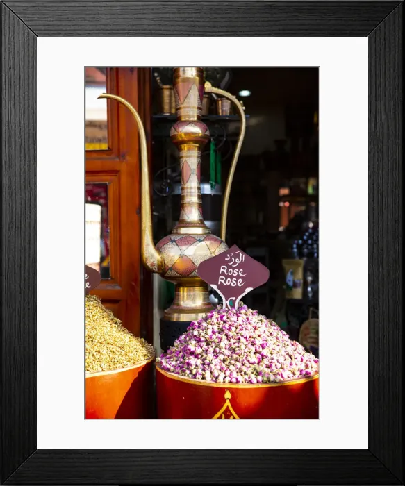 Framed Print : Marrakech, Morocco. Rose tea leaves and a brass teapot Framed Print : Marrakech, Morocco. Rose tea leaves and a brass teapot