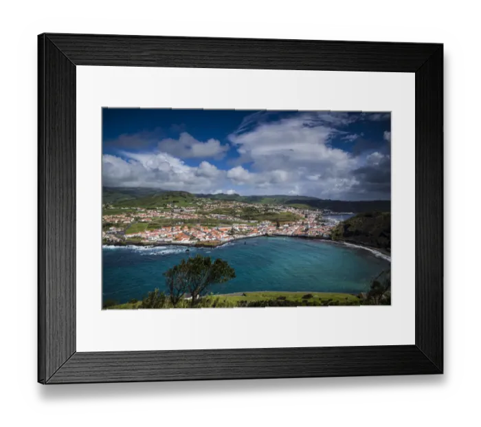Framed Print : Portugal, Azores, Faial Island, Horta. Elevated view of town and Porto Pim from Monte Framed Print : Portugal, Azores, Faial Island, Horta. Elevated view of town and Porto Pim from Monte