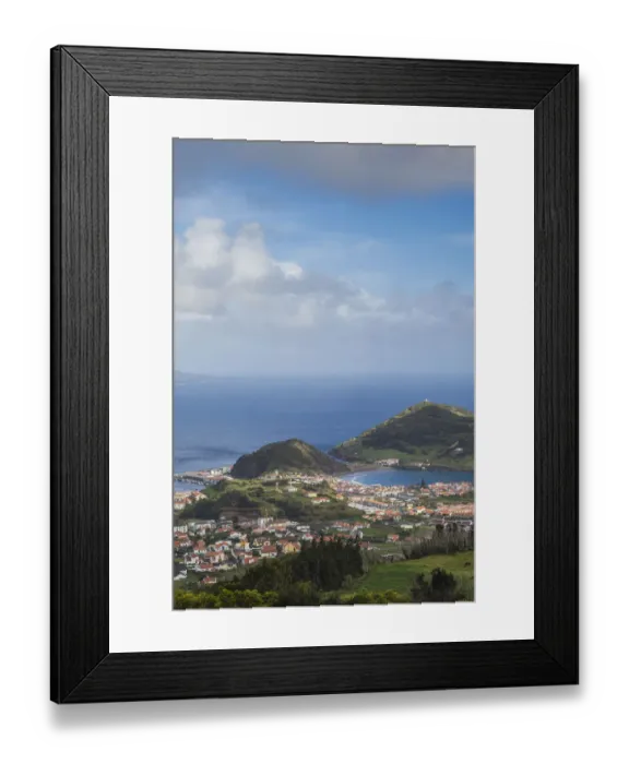Framed Print : Portugal, Azores, Faial Island, Horta. Elevated view of Porto Pim, Monte Quelmado Framed Print : Portugal, Azores, Faial Island, Horta. Elevated view of Porto Pim, Monte Quelmado