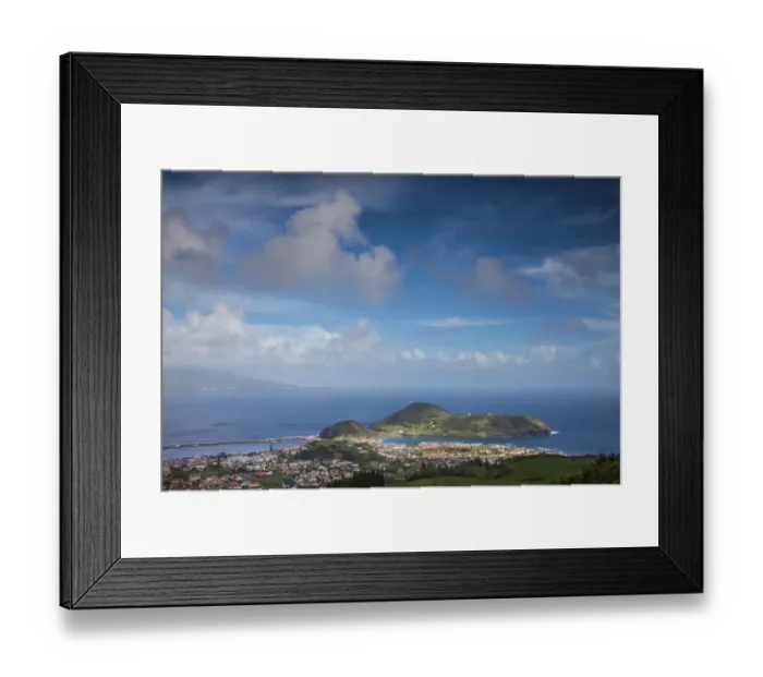 Framed Print : Portugal, Azores, Faial Island, Horta. Elevated view of Porto Pim, Monte Quelmado