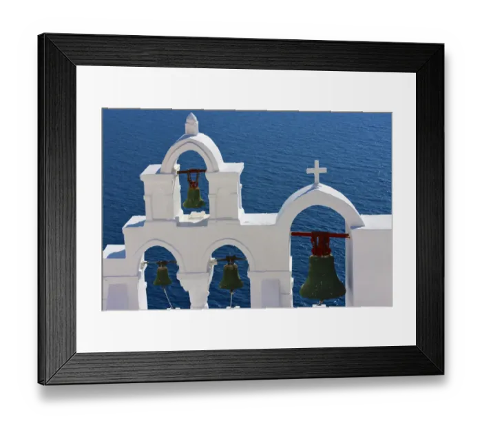 Framed Print : Church bell tower on the coast of Aegean Sea. Oia, Santorini Island, Greece