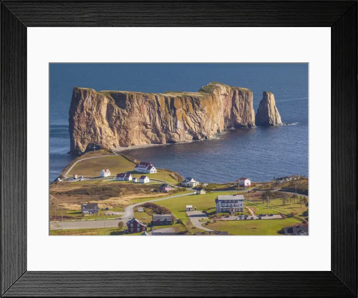 Framed Print : Canada, Quebec, Perce. Elevated view of town and Perce Rock from Mont Ste-Anne Framed Print : Canada, Quebec, Perce. Elevated view of town and Perce Rock from Mont Ste-Anne