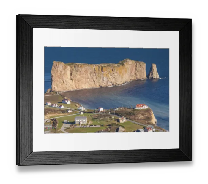 Framed Print : Canada, Quebec, Perce. Elevated view of town and Perce Rock from Mont Ste-Anne Framed Print : Canada, Quebec, Perce. Elevated view of town and Perce Rock from Mont Ste-Anne