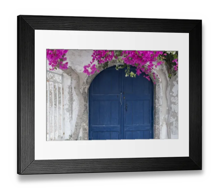 Framed Print : Greece, Santorini. Weathered blue door is framed by bright pink Bougainvillea blossoms Framed Print : Greece, Santorini. Weathered blue door is framed by bright pink Bougainvillea blossoms