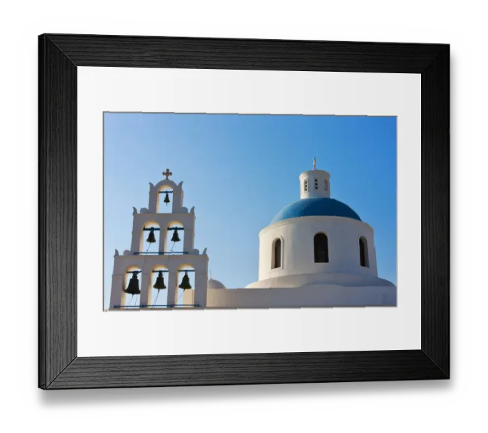 Framed Print : Church on the coast of Aegean Sea. Oia, Santorini Island, Greece