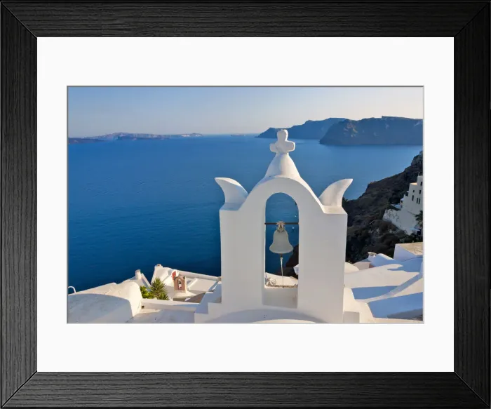 Framed Print : Church on the coast of Aegean Sea. Oia, Santorini Island, Greece