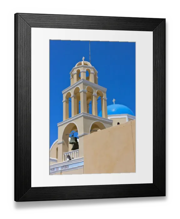 Framed Print : Church on the coast of Aegean Sea. Oia, Santorini Island, Greece