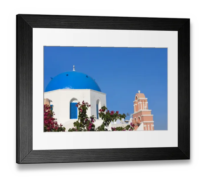 Framed Print : Church on the coast of Aegean Sea. Oia, Santorini Island, Greece