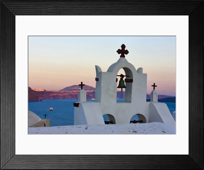 Framed Print : Church bell tower on the coast of Aegean Sea. Oia, Santorini Island, Greece