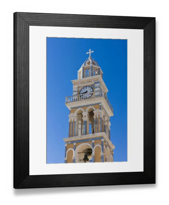 Framed Print : Church on the coast of Aegean Sea. Oia, Santorini Island, Greece