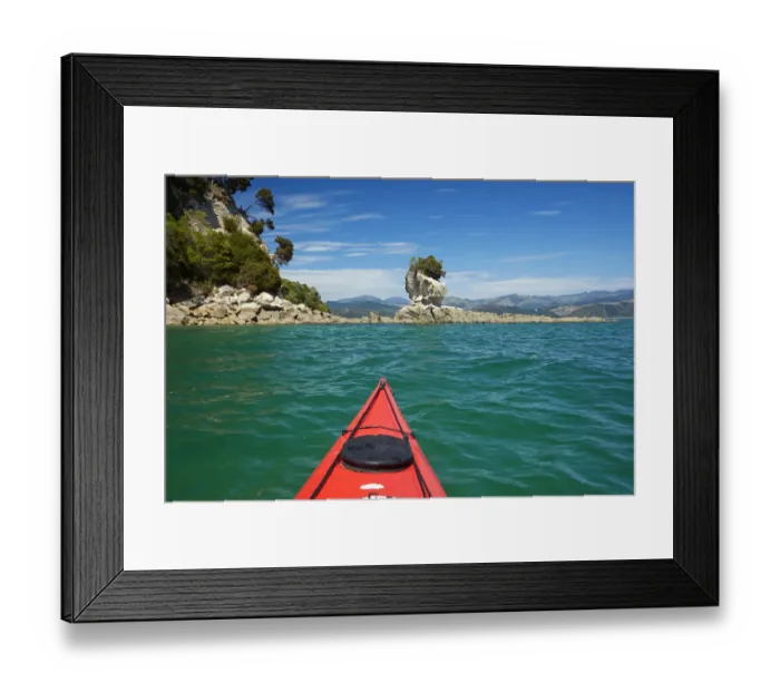 Framed Print : Kayak and Fisherman Island, Abel Tasman National Park, Nelson Region, South Island