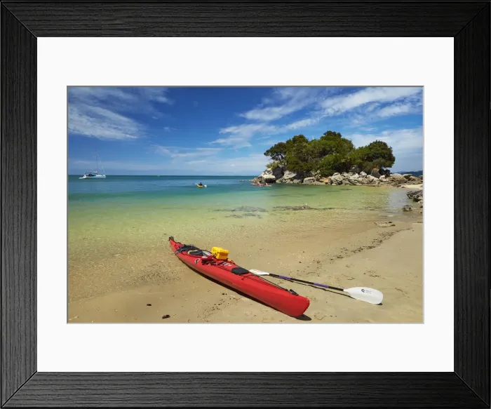 Framed Print : Kayak and Fisherman Island, Abel Tasman National Park, Nelson Region, South Island Framed Print : Kayak and Fisherman Island, Abel Tasman National Park, Nelson Region, South Island