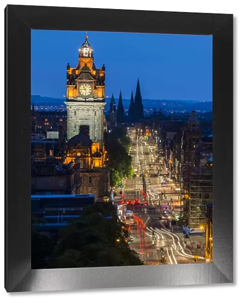 Scotland, Edinburgh, Balmoral Hotel, Princes Street from Calton Hill, night scene