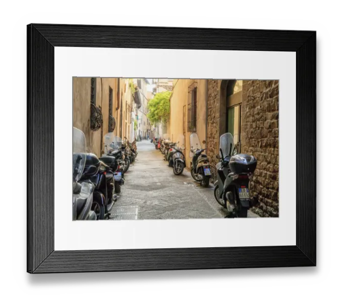 Framed Print : Italy, Florence. Deteriorating stone wall and colorful mopeds and motor bikes Framed Print : Italy, Florence. Deteriorating stone wall and colorful mopeds and motor bikes