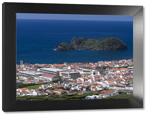 Portugal, Azores, Sao Miguel Island, Vila Franco do Campo. Elevated town view
