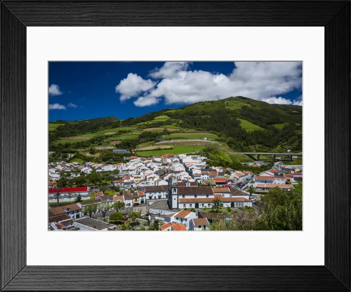 Framed Print : Portugal, Azores, Sao Miguel Island, Agua de Pau. Elevated town view from Monte Santos