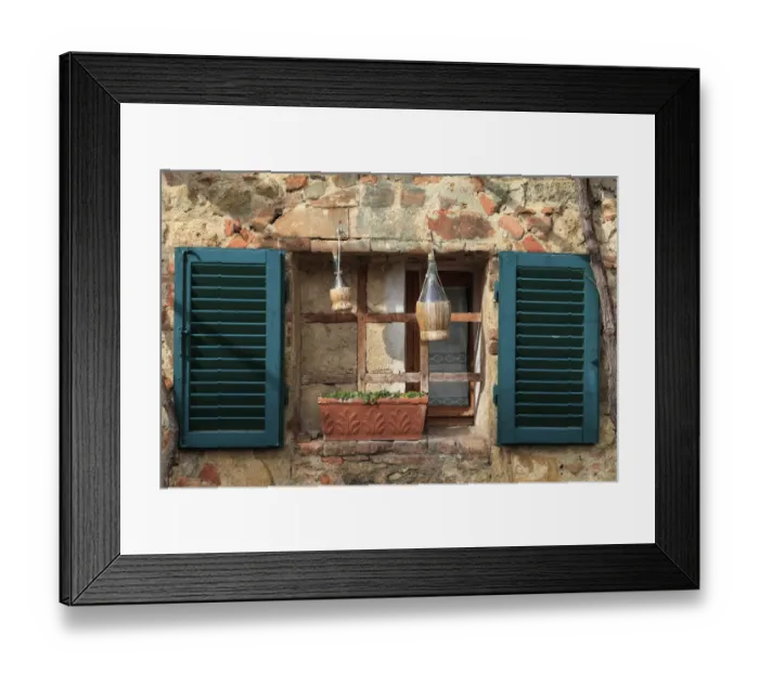 Framed Print : Italy, Monteriggioni. Stone wall, curtained window with blue shutters