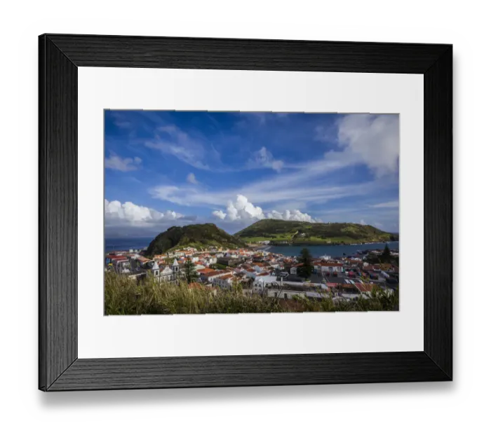 Framed Print : Portugal, Azores, Faial Island, Horta. Elevated view of Porto Pim, Monte Quelmado Framed Print : Portugal, Azores, Faial Island, Horta. Elevated view of Porto Pim, Monte Quelmado