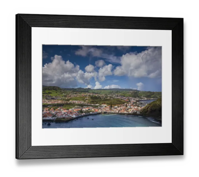 Framed Print : Portugal, Azores, Faial Island, Horta. Elevated view of town and Porto Pim from Monte Framed Print : Portugal, Azores, Faial Island, Horta. Elevated view of town and Porto Pim from Monte