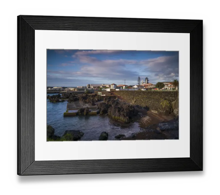 Framed Print : Portugal, Azores, Pico Island, Madalena. Harborfront town view