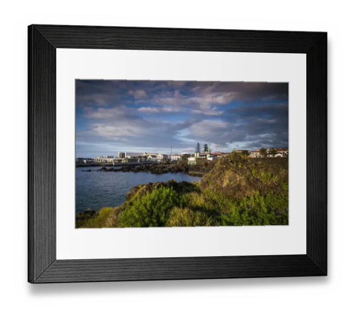 Framed Print : Portugal, Azores, Pico Island, Madalena. Harborfront town view