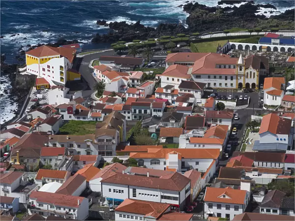 Portugal, Azores, Sao Jorge Island, Velas. Elevated town view
