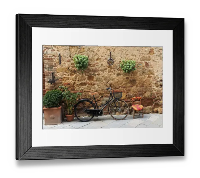 Framed Print : Italy, Tuscany, province of Siena, Chiusure. Hill town. Bicycle leans against stone wall Framed Print : Italy, Tuscany, province of Siena, Chiusure. Hill town. Bicycle leans against stone wall